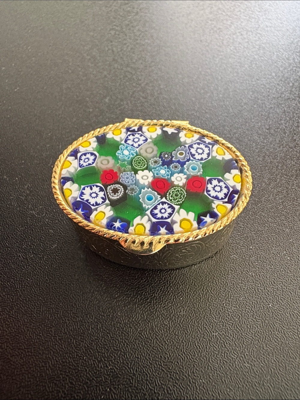 Vintage Millefiori Trinket Pill Box Ornate Gold Tone